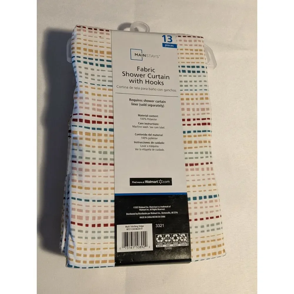 Mainstays Fabric Shower Curtain with Hooks Multi Stitching Stripe 13 Pieces